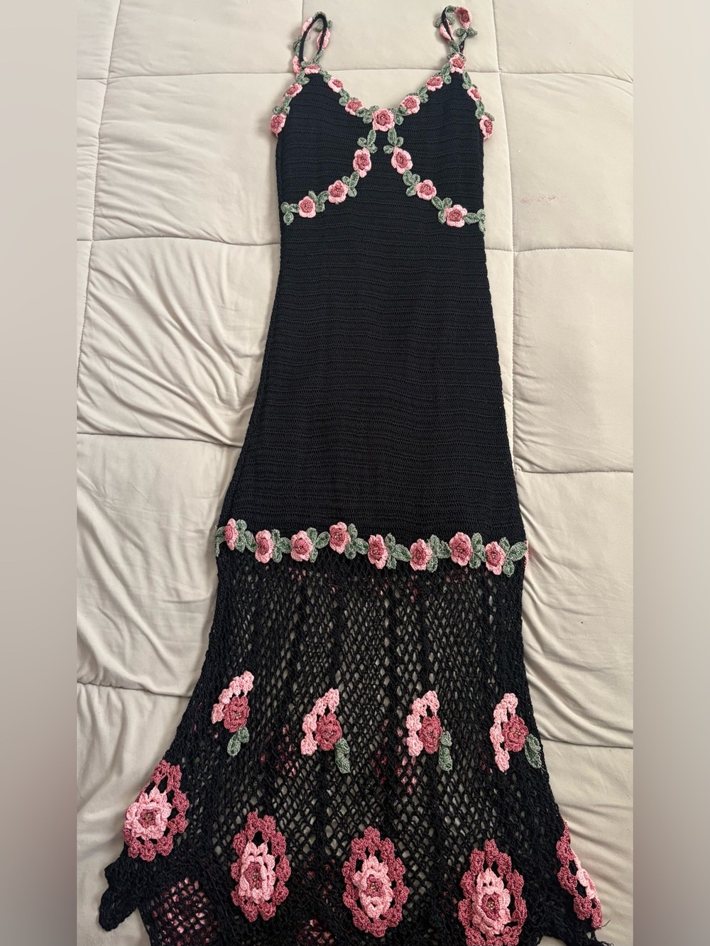 Sue Wong Black Crochet Maxi Dress with Pink Rose Appliqués
